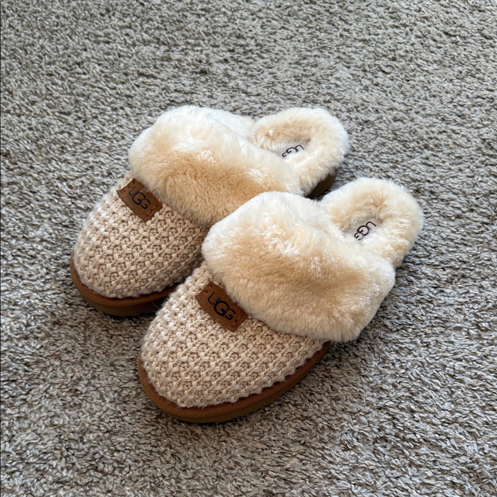 UGG Tan Knit Slippers with Plush Lining